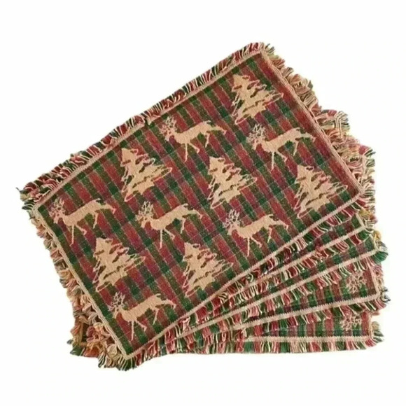 Table Runner Placemats  Towel Set Red Plaid Christmas Reindeer Motif - Picture 5 of 8